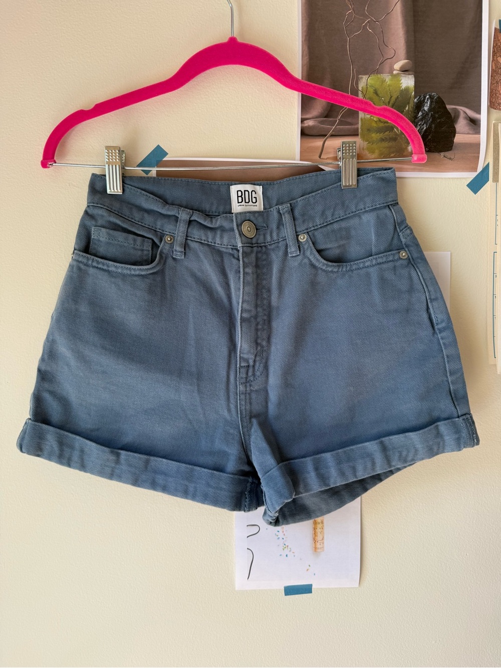 BDG Slate Blue High-Rise Mom Jean Rolled Hem Jean Shorts